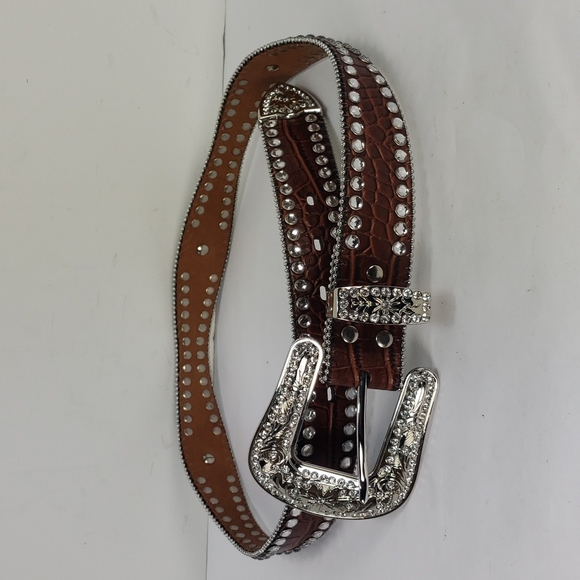 BLAZIN ROXX SCALLOP CROC PRINT LEATHER RHIENSTONE WESTERN BELT M - Picture 3 of 15